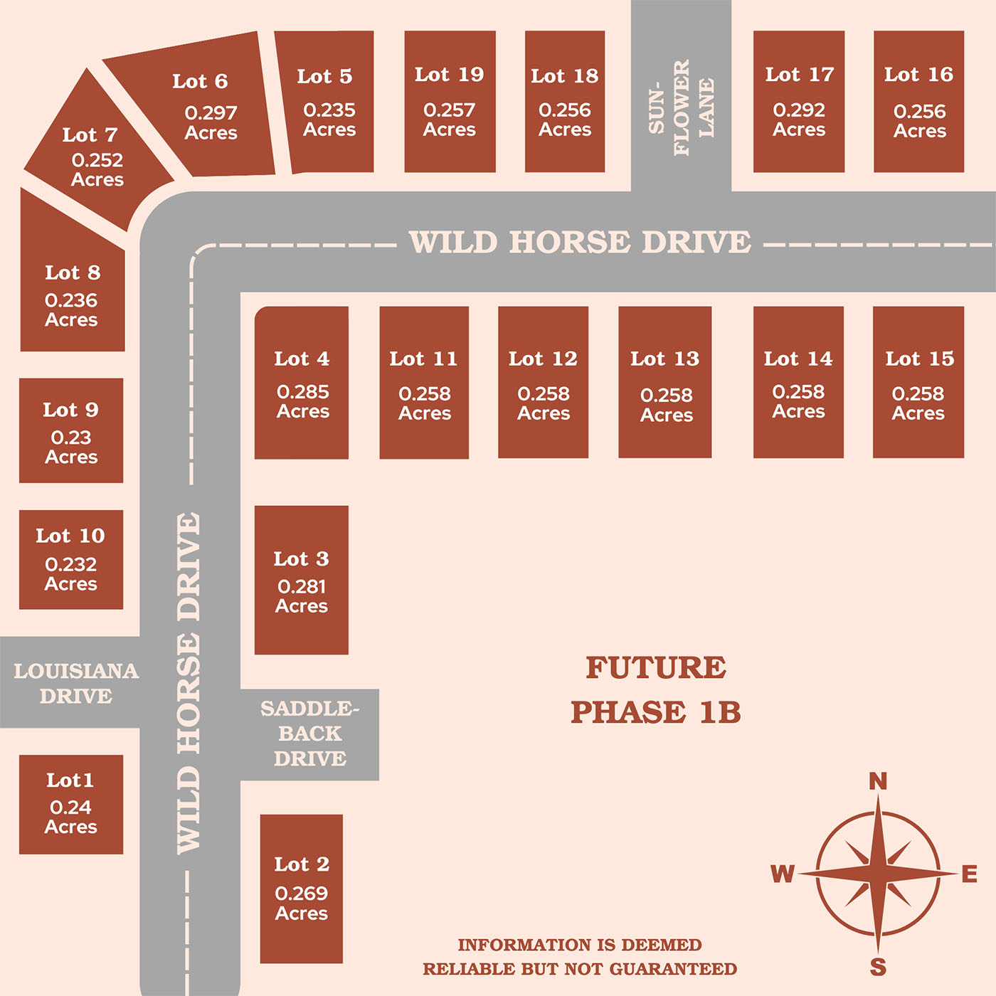 Mustang Crossing subdivision lot map — Phase I lots along Wild Horse Drive and Saddleback Drive